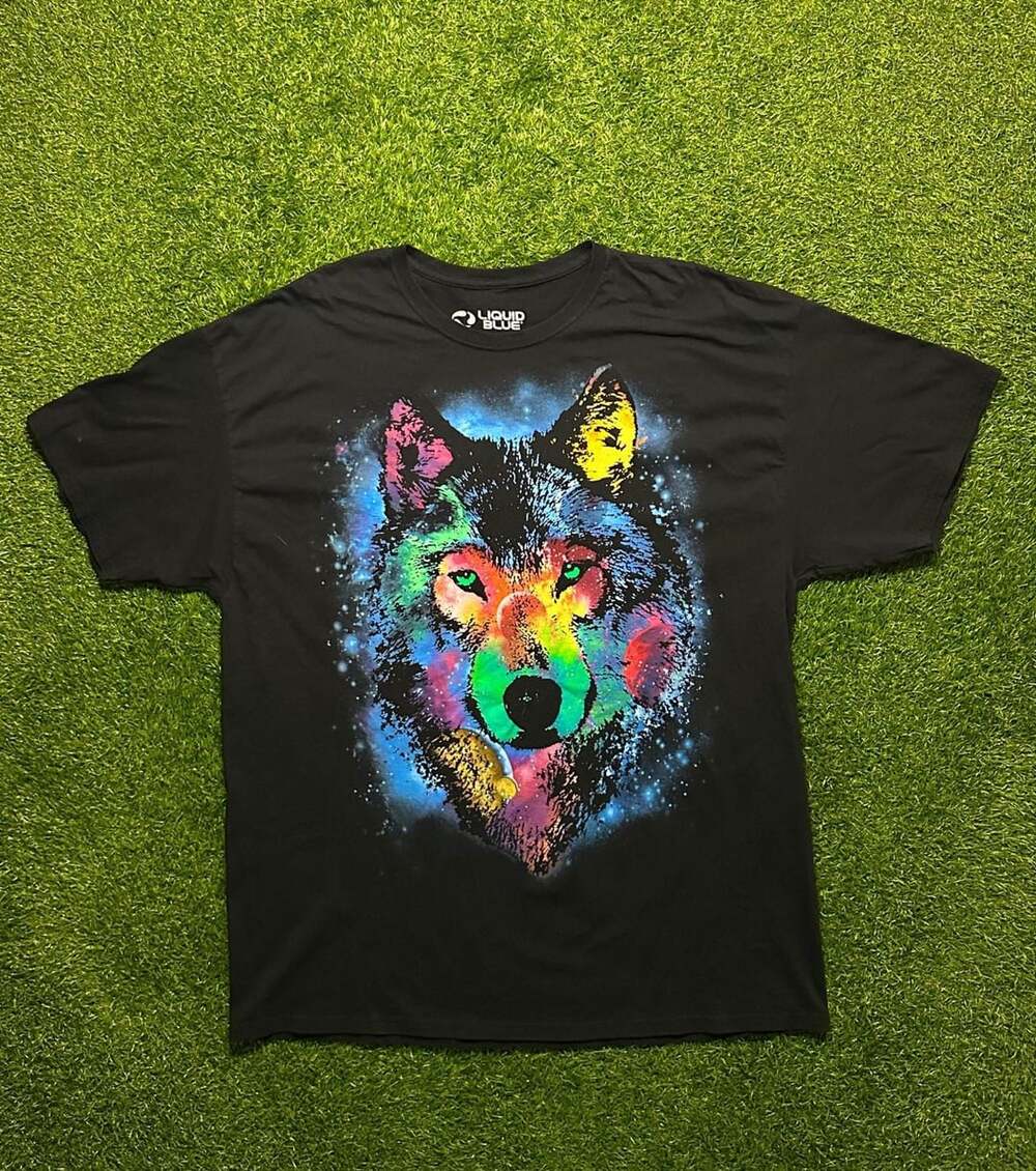 Liquid Blue Cosmic Wolf Graphic T-Shirt Black
